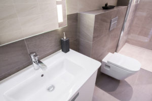Modern beige bathroom interior - view from above