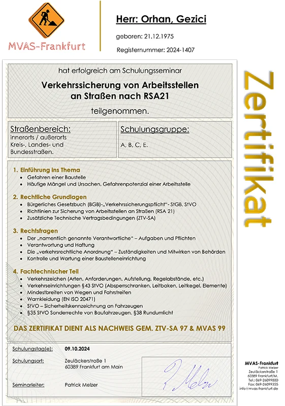 Zertifikat MVAS-Frankfurt Verkehrssicherung von Arbeitsstellen an Straßen nach RSA21